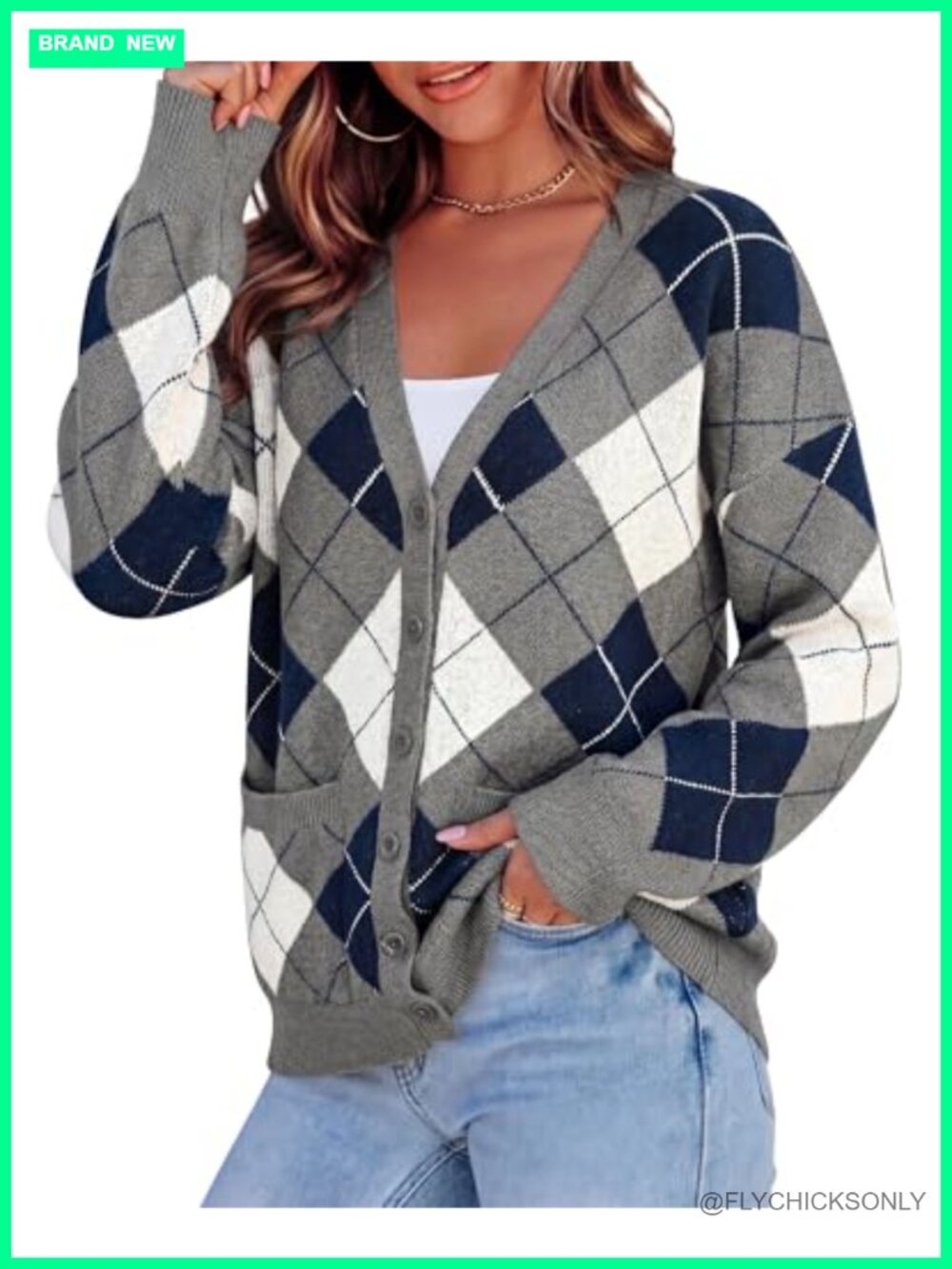 Women's Argyle Chunky Knit Cardigan with V-Neck & Pockets